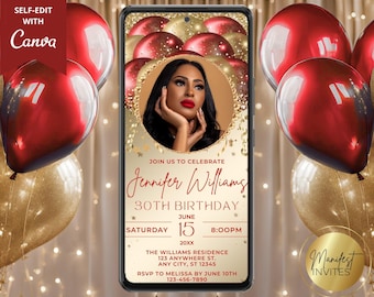 Digital Elegant Birthday Party Photo Invitation, Red Gold Glitter Glam Balloons, Phone Text Evite, Editable Template, Instant Download