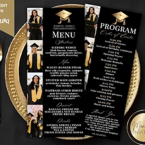 May include: A graduation party menu and program card set with a black and gold theme. The menu lists starters, main courses, desserts, and drinks. The program outlines the order of events, including the arrival of guests, dinner, and music.