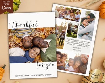 Tarjeta fotográfica editable con saludo familiar de agradecimiento por el Día de Acción de Gracias, tarjeta imprimible y digital, plantilla editable, descarga instantánea