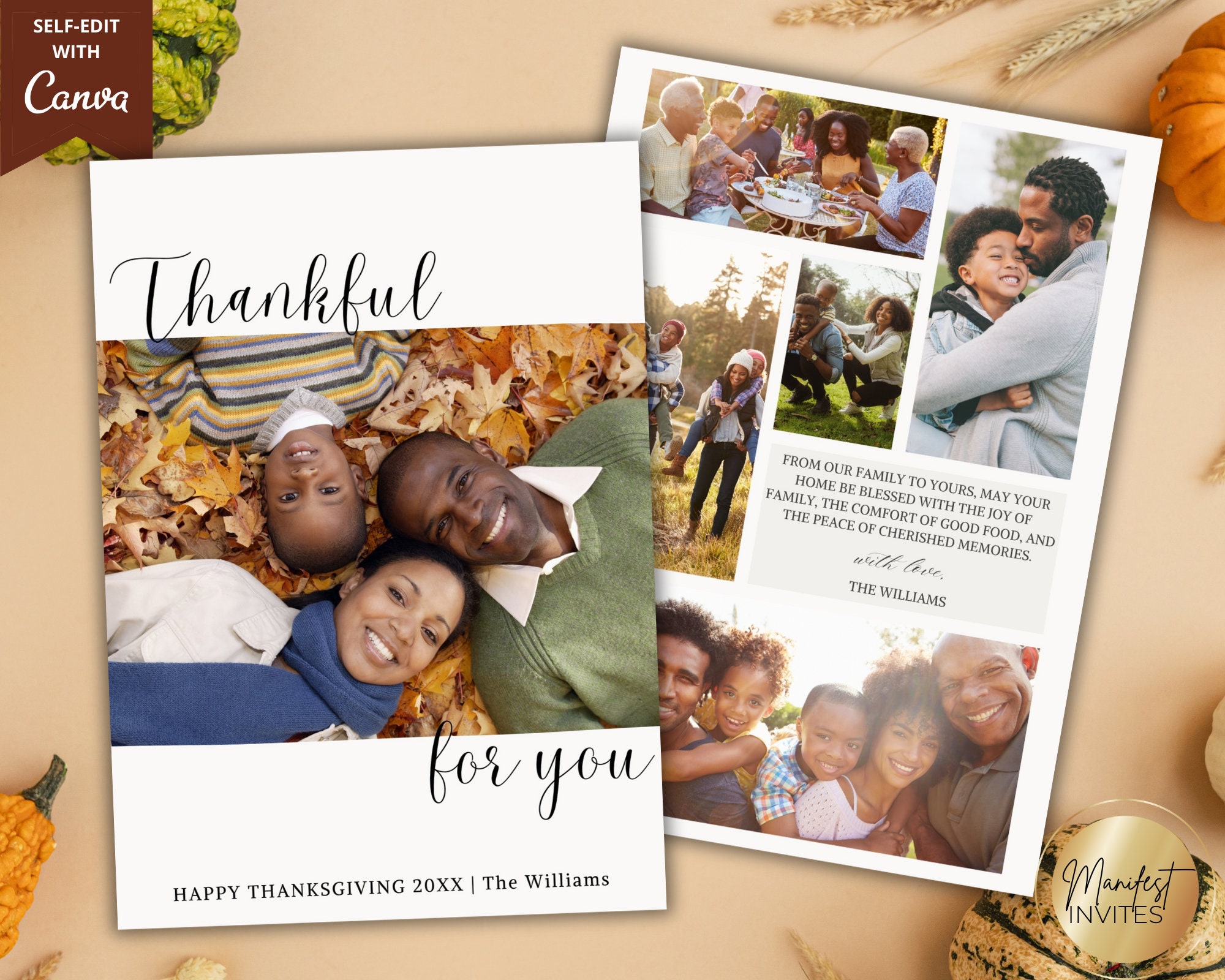 Editable Minimal Thankful for You Thanksgiving Family Greeting Photo ...