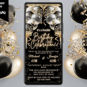 Digital Adult Joint Birthday Invitation, Electronic Double Birthday Party Invite, Black Gold Balloons, Editable Template, Instant Download