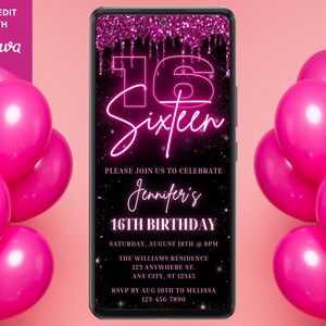 Digital inbjudan till sextonårsfest, elektroniskt telefonsms, rosa glitterdropp, redigerbar mall, direktnedladdning, PGD7