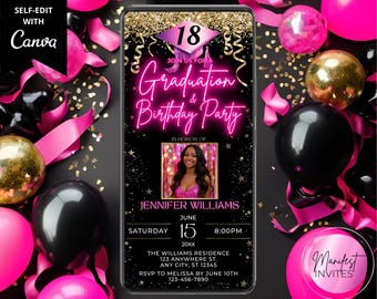Digital Glam Graduation and Birthday Party Photo Invitation, Women's Girls Pink Neon Gold Glitter Grad Invite, Editable Canva Template, PG38