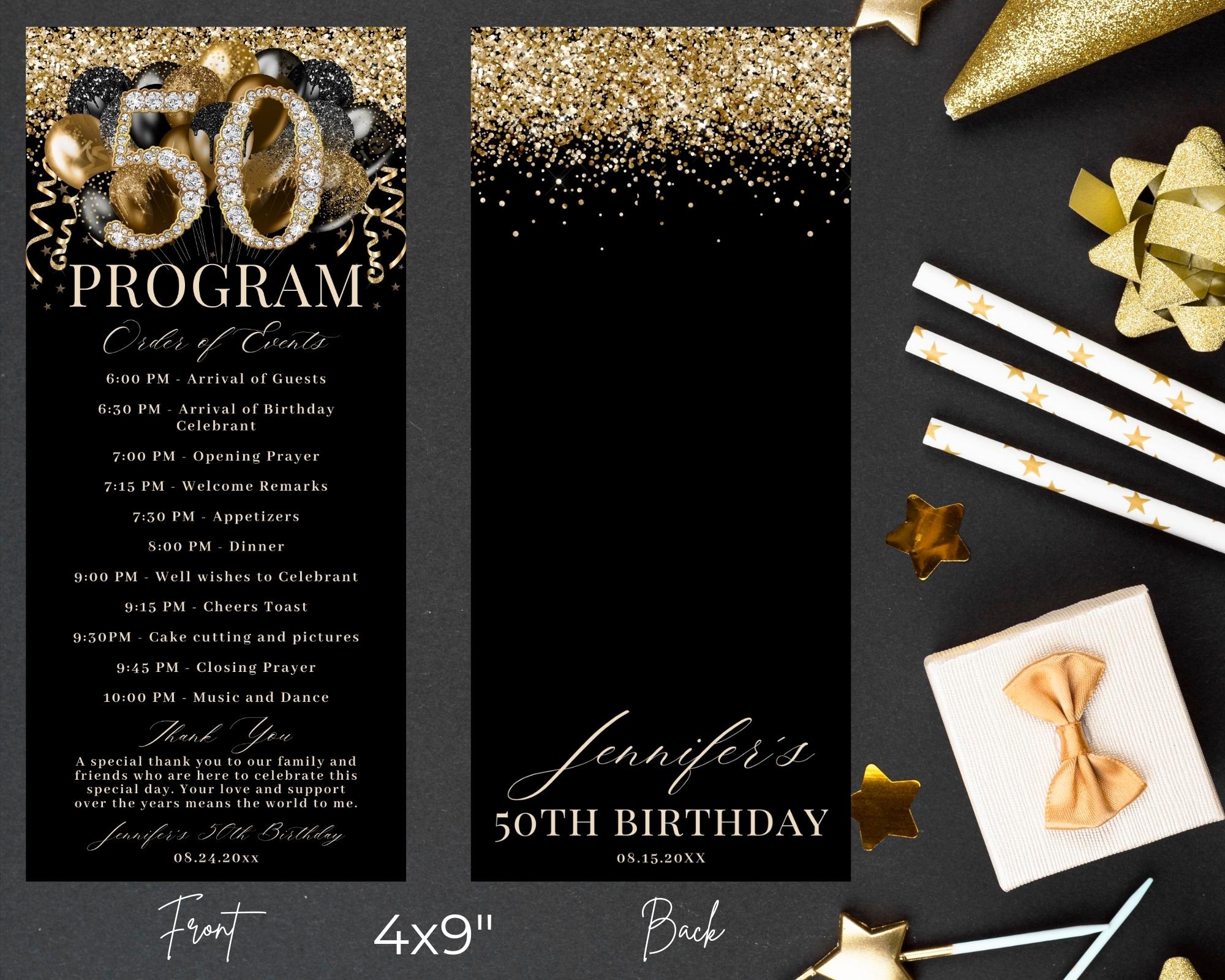50th Birthday Program With Thank You Note, Glam Diamond Black Gold ...