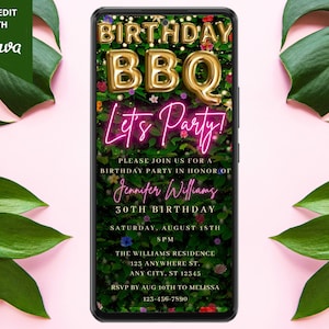 Digital Birthday BBQ Party Invitation, Electronic Mobile Phone Text Evite, Backyard, Floral Greenery, Editable Template, Instant Download