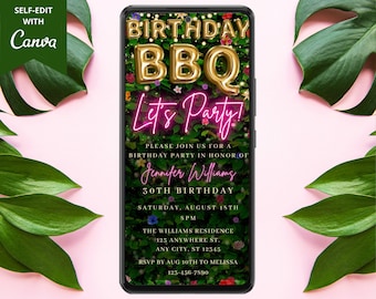 Digital Birthday BBQ Party Invitation, Electronic Mobile Phone Text Evite, Backyard, Floral Greenery, Editable Template, Instant Download