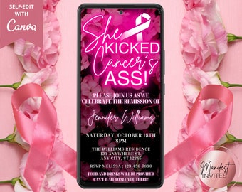 Digital Breast Cancer Survivor Celebration Invitation, She Kicked Cancer's Ass, Editable Template, Electronic Text Evite, Instant Download