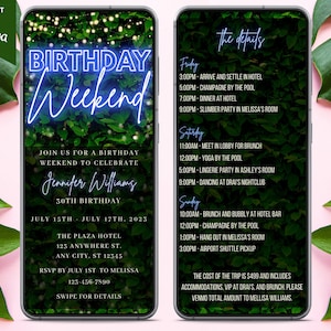 Electronic Blue Neon Greenery Birthday Weekend Invitation, Itinerary, Digital Schedule, Birthday Trip, Editable Template, Instant Download