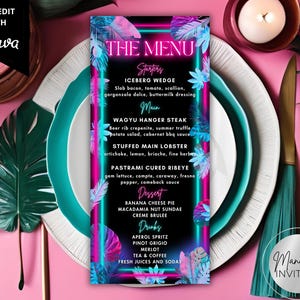 Edytowalny szablon karty menu urodzinowej kolacji tropikalnej neonowej, motyw Miami Nights, impreza Luau, drukowana karta menu imprezy, natychmiastowe pobieranie