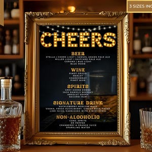 May include: A framed bar menu with the word "CHEERS" in illuminated letters. The menu lists beer, wine, spirits, signature drinks, and non-alcoholic beverages. The frame is gold, and the background is black.