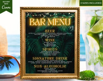 Editable Gold Neon Tropical Bar Menu Canva Template, Printable Cocktail Sign, Summer Luau Pool Tiki Bar, Birthday Graduation Party Decor