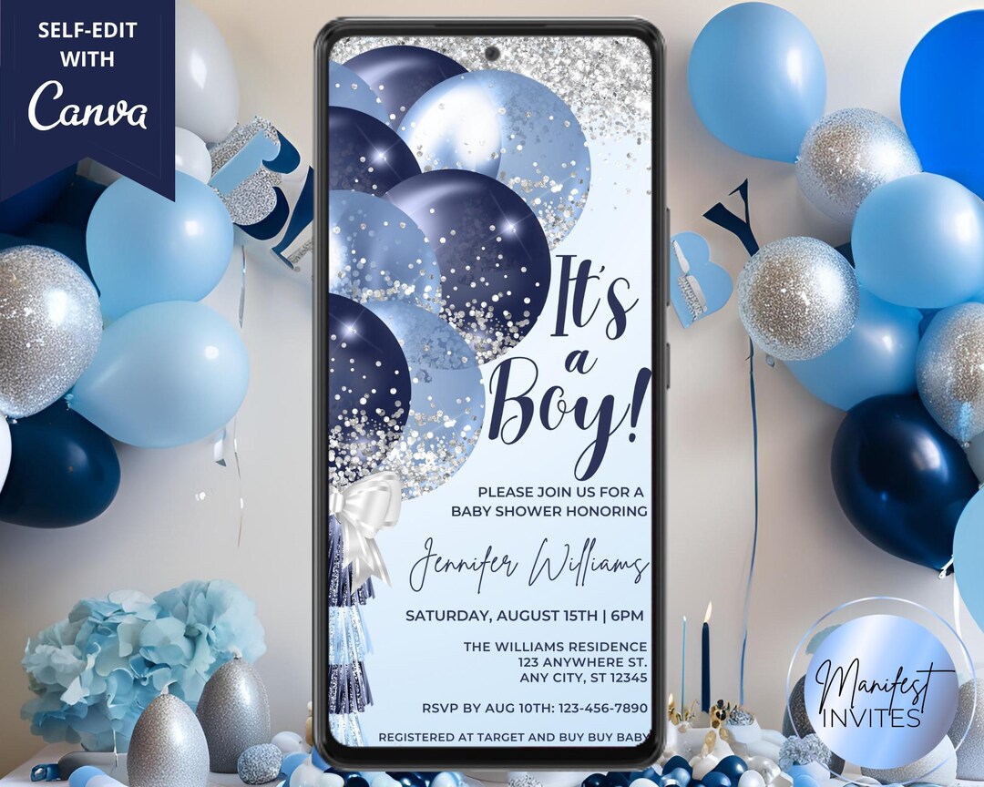 Digital It's a Boy Navy Blue Silver Glitter Balloons Baby Shower ...