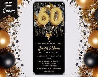 Digital 60th Birthday Party Invitation, Electronic Birthday Invite, Paperless Invitation, Editable Template, Black Gold, Instant Download