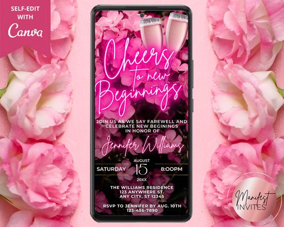 Digital Farewell Party Invitation, Moving Away Send Off Party, Cheers to New Beginnings, Pink Neon Flowers, Evite, Instant Download, PF01