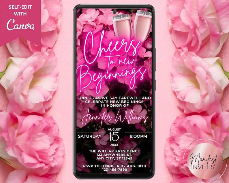 Invitación digital para fiesta de despedida, fiesta de despedida por mudanza, brindemos por nuevos comienzos, flores de neón rosa, Evite, descarga instantánea, PF01 imagen 1