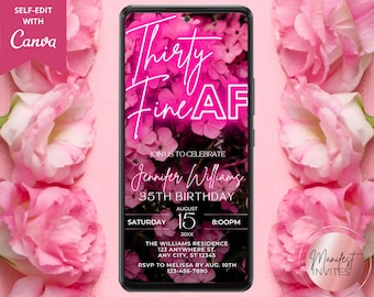 Invitación digital glamorosa para 35 cumpleaños, elegante invitación floral rosa neón para mujer, plantilla editable de Canva, PF01