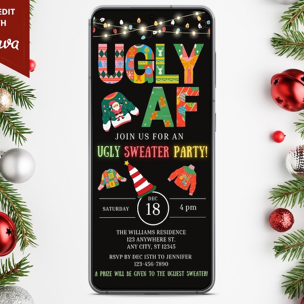 Digital Ugly AF Christmas Sweater Party Invitation, Electronic Holiday Party, Christmas Party Evite, Editable Template, Instant Download