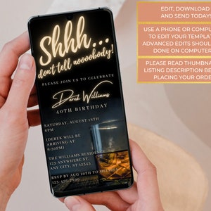 K&ouml;nnte beinhalten: Ein schwarzes Smartphone, auf dem eine digitale Einladung zu einer 40. Geburtstagsfeier angezeigt wird. Die Einladung enth&auml;lt einen goldenen Text&uuml;berlagerung mit der Aufschrift "Shhh... don't tell noooobody!" und "Bitte feiern Sie mit uns den 40. Geburtstag von Derek Williams". Die Einladung enth&auml;lt auch Details zur Party, wie Datum, Uhrzeit und Ort. Der Hintergrund der Einladung ist ein dunkles Bild eines Glases Whisky.