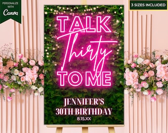Edytowalny znak powitalny na 30. urodziny „Talk Thirty To Me”, plakat do druku, różowa neonowa zieleń, szablon Canva, natychmiastowe pobranie