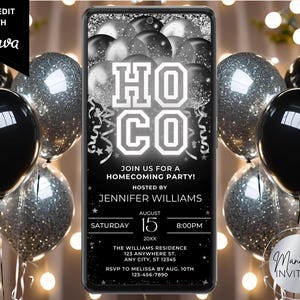 Digital Homecoming Celebration Party Black Silver Balloons Invitation, After Party, Phone Text Evite, Editable Template, Instant Download