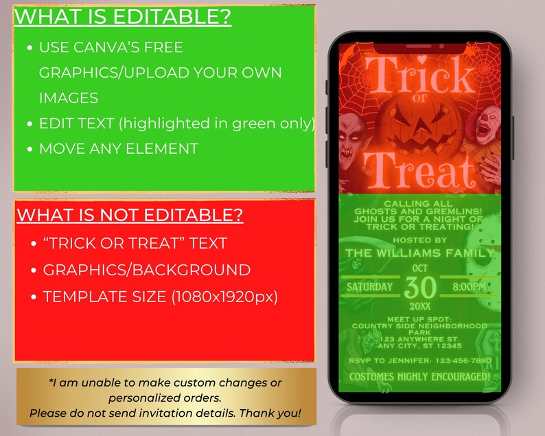 Digital Halloween Fun Friends and Family Trick or Treat Monsters Invitation, Fall Party, Phone Evite, Editable Template, Instant Download image 3
