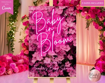 Editable Baby In Bloom Neon Pink Floral Baby Shower Welcome Sign, Printable Baby Girl Shower Sign Decor, Canva Template, Instant Download