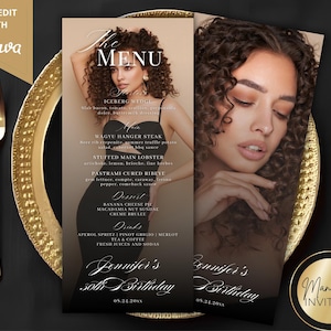 Editable Full Photo Menu and Drink Card, Fancy Glam Birthday Graduation Dinner Party or Bridal Shower Table Decor, Printable Canva Template