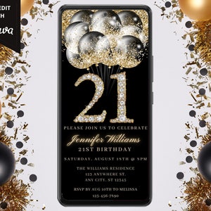 Digital 21st Birthday Party Invitation, Electronic Text Message Evite, Black Gold, Diamond Balloons, Editable Template, Instant Download