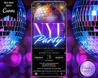 Digital NYE Party New Year's Party Neon Disco Ball Invitation, 2026 NYE Glow Party, Phone Evite, Editable Canva Template, Instant Download
