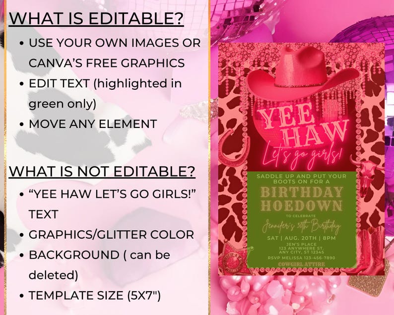 Editable Pink Disco Cowgirl Hoedown Birthday Party Invitation ...