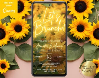 Digital Let's Brunch Yellow Floral Sunflowers Birthday Party Invitation, Electronic Phone Text Evite, Editable Template, Instant Download