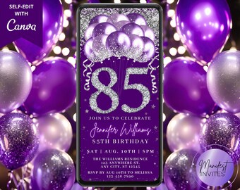 May include: Purple and silver birthday invitation with a glittery background and balloons. The invitation says "Join us to celebrate Jennifer Williams 85th Birthday" and includes the date, time, and location of the event. RSVP by August 10th to Melissa at 123-456-7890.