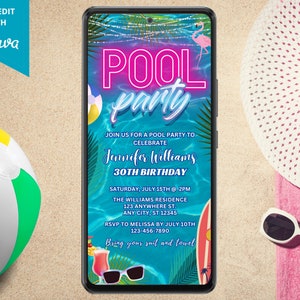 Digital Pool Birthday Party Invitation, Summer Party, Electronic Adult Teen Pool Party Invite, Any Age, Editable Template, Instant Download