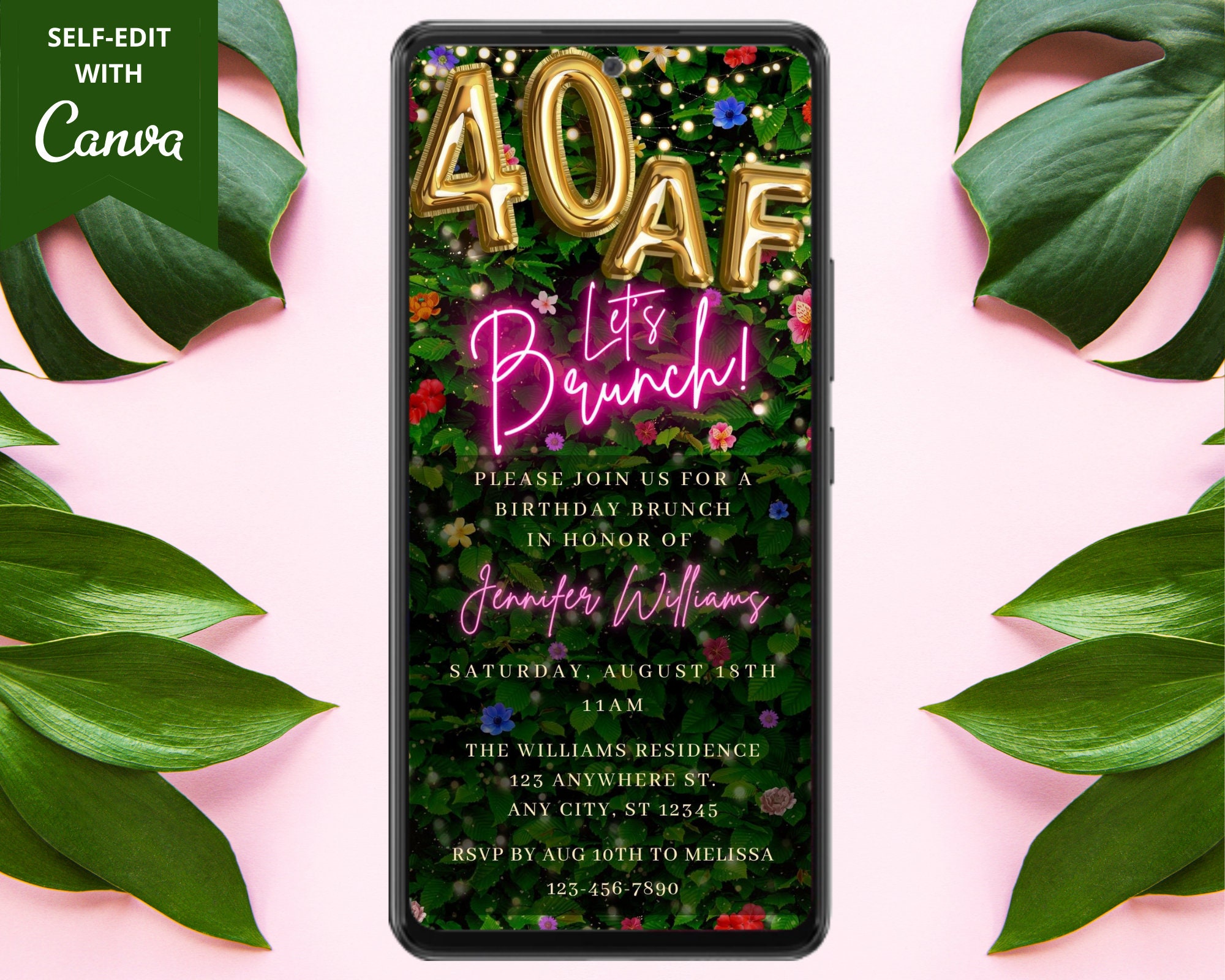 Digitale 40 AF 40e verjaardag brunch uitnodiging, elektronische tekst Evite, brunch uitnodigen, bloemengroen, zelfbewerkte sjabloon, Instant Download