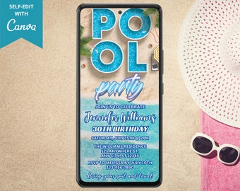 Digitale zomer zwembad verjaardagsfeestje uitnodiging, elektronische telefoon tekstbericht Evite, tropisch strand zwembad, bewerkbare sjabloon, Instant Download