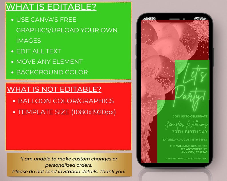 Digital Let's Party White Silver Balloons Birthday Party Invitation