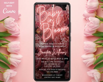 Digital Baby In Bloom Neon Blush Pink Floral Baby Shower Invitation, Digital Phone Text Message Evite, Editable Template, Instant Download