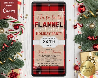 May include: A digital invitation on a smartphone screen with a red and black plaid design. The text reads "Fa la la la Flannel and Frost Holiday Party" with the date December 24th. The invitation is surrounded by festive decorations.