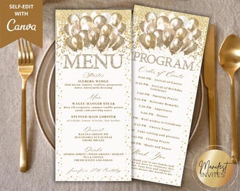 Bearbeitbare Glam White Gold Glitter Ballons Diamant Menüprogramm und Dankeskarte, Geburtstag Reiseplan, druckbare Canva Vorlage