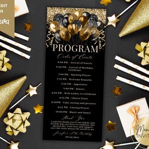 Puede incluir: Un programa de cumpleaños negro y dorado con un gráfico de globos. El programa incluye el orden de los eventos, un mensaje de agradecimiento y el nombre "Jennifer's 30th Birthday". Las palabras "SELF-EDIT WITH Canva" están en la esquina superior izquierda.