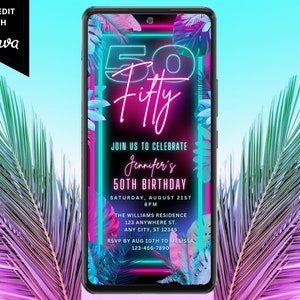 Digitale tropische Party-Einladung zum 50. Geburtstag, Evite für elektronische Telefon-SMS, Pink Teal Neon, Sofort-Download-Vorlage PTT2