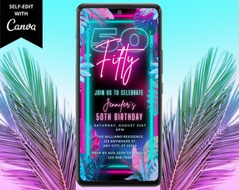 Digital Tropical Fifty 50th Birthday Party Invitation, Electronic Phone Text Message Evite, Pink Teal Neon, Instant Download Template PTT2