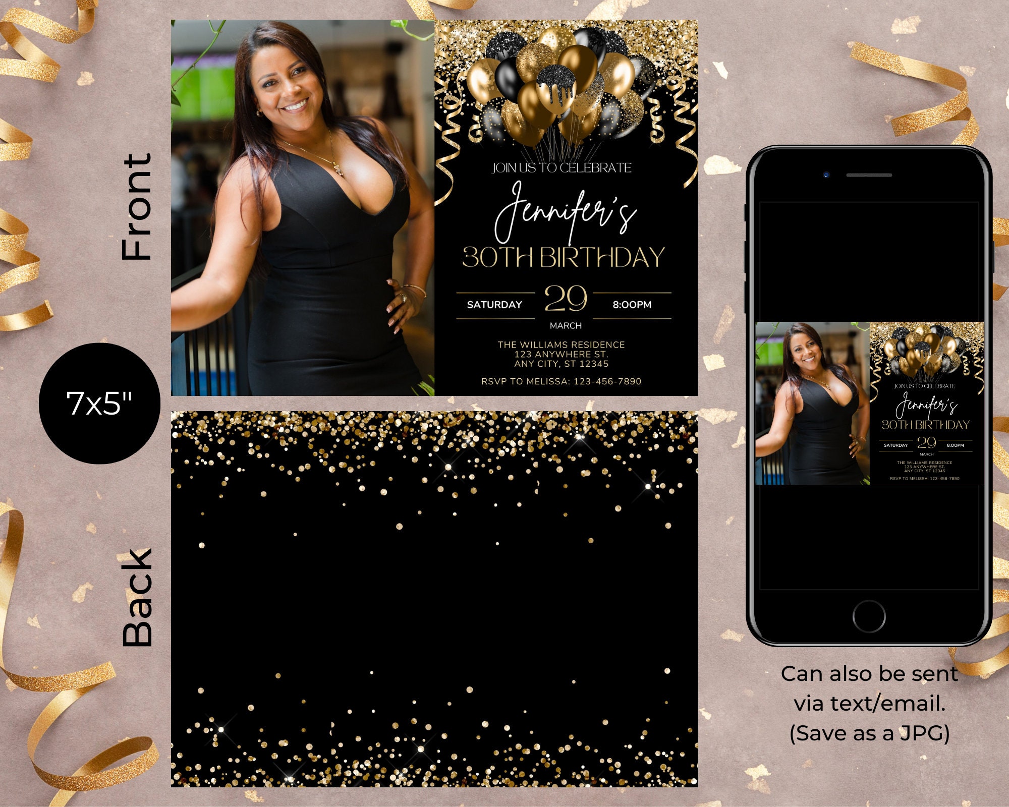 Editable Photo Black Gold Glitter Balloons Birthday Party Invitation ...