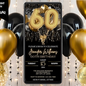 Digital 60th Birthday Party Invitation, Black and Gold Balloons, Adult Invite, Electronic Evite, Editable Template, Instant Download, BG43