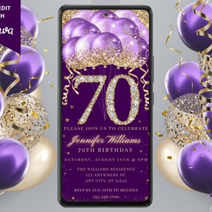 Digital 70th Birthday Party Purple Gold Diamond Glitter Balloon Invitation, Electronic Phone Text Evite, Editable Template, Instant Download