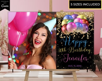 Bearbeitbare Happy Birthday Fotovorlage Regenbogen Ballons Willkommensschild, druckbares Poster, Partydekor, bearbeitbare Vorlage, Sofortiger Download