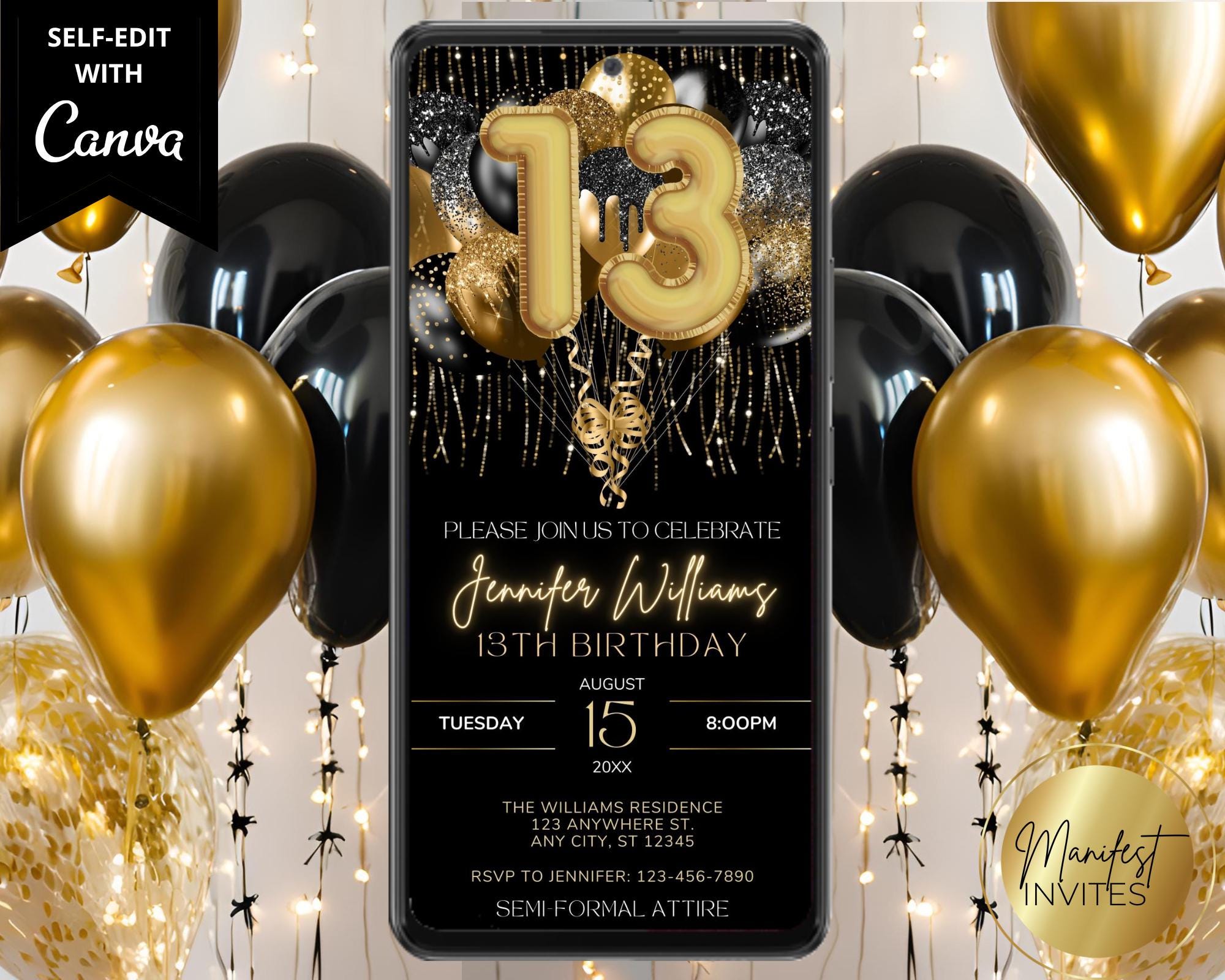 Digital 13th Birthday Party Invitation, Black and Gold Balloons, Teen  Birthday, Electronic Evite, Editable Template, Instant Download, BG43 -  Etsy Israel, image size:2000x1600