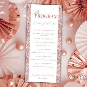 Plantilla editable de programa de cumpleaños con purpurina dorada rosa, agenda de cena de cumpleaños, orden de eventos, descarga instantánea
