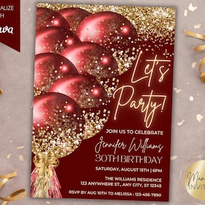 Invitation de fête d'anniversaire glam modifiable Let's Party, ballons à paillettes d'or rouge, carte d'anniversaire imprimable, modèle de toile, téléchargement immédiat