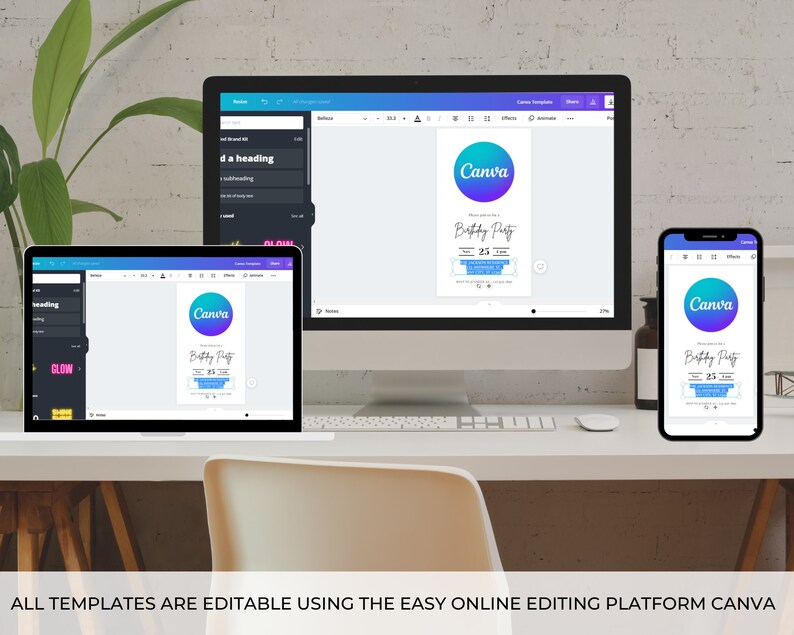 May include: A computer screen showing a Canva design template for a birthday party invitation. The template features a purple and blue gradient circle with the text "Canva" and "Birthday Party" in white. The text "25" is also included in the design.